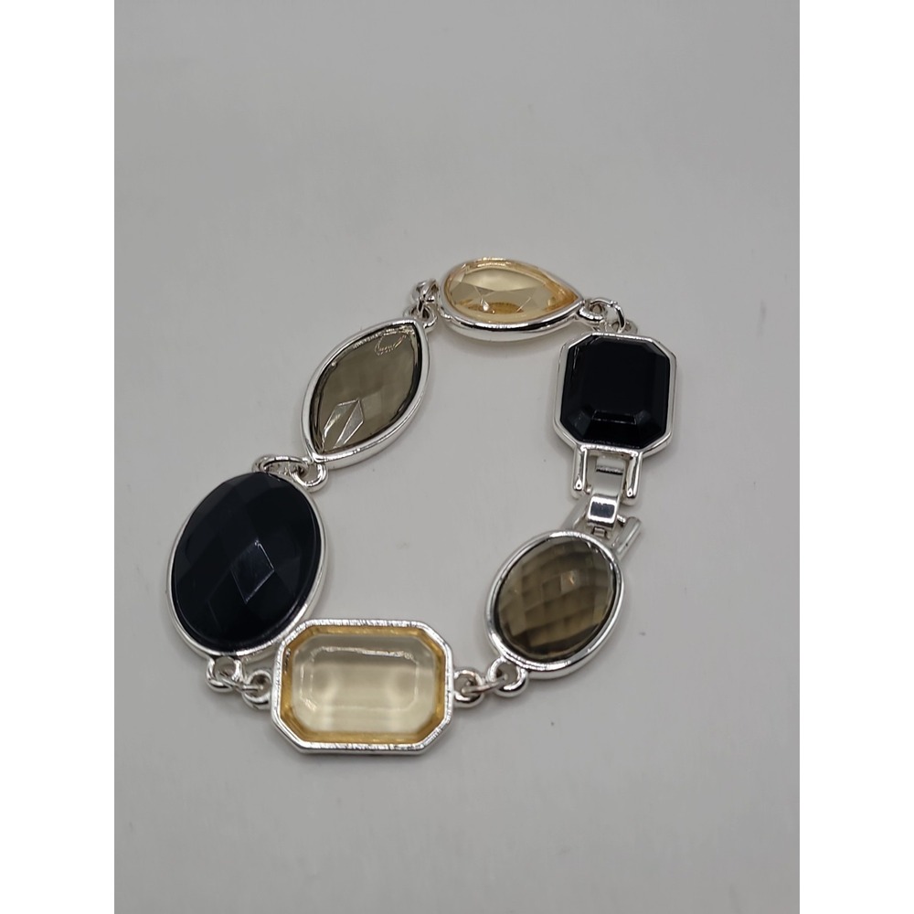 Silver Tone Black Gray Faceted Geometric Statement Link Bracelet